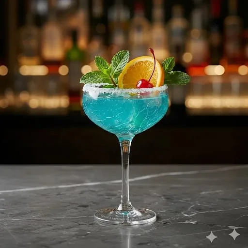 Coquetel azul com frutas cítricas, hortelã e cereja